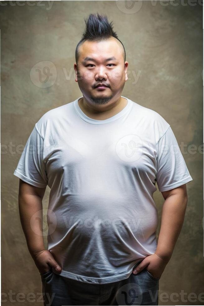 Vietnamese Obese Adult, Fresh, Streamlined, White Oversized T-Shirt With Blank Space, Template Of Fashion Clothes for Business, Community, Fashion photo
