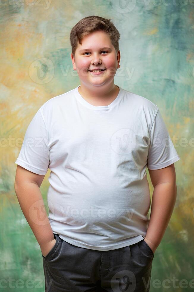 Swedish Overweight Teen Boy, Innovative, Simple, White Oversized T-Shirt With Blank Space, Universal Clothing for Retail, Marketplace, Creative Agency photo