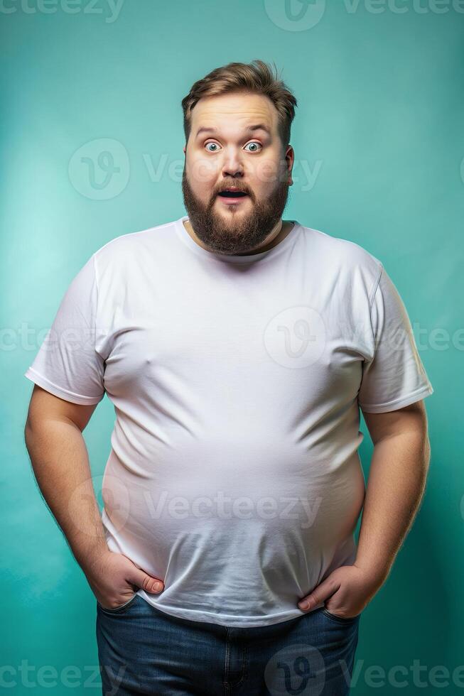 American Overweight Gym Guy, Chic, Artistic, Realistic T Shirt Mockup, Mock Up T Shirt Concept for Educational, Restaurant, Creative Agency photo
