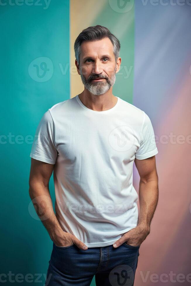 American Lean Healthy Middle-Aged, Chic, Crisp, White Oversized T-Shirt 3D Rendering, Suitable For Design Mockups And Print Applications for Retail, Real Estate, Events photo