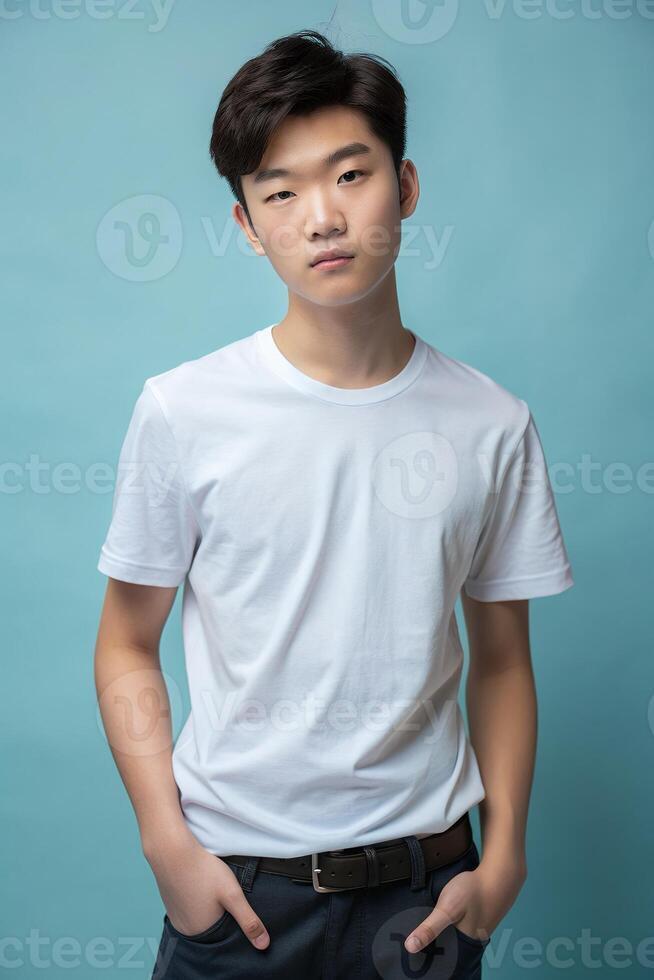 Korean Lean Healthy Teen Boy, Timeless, Harmonious, T Shirt Mockup Model, Suitable For Design Mockups And Print Applications for Magazine, Marketplace, Fashion photo