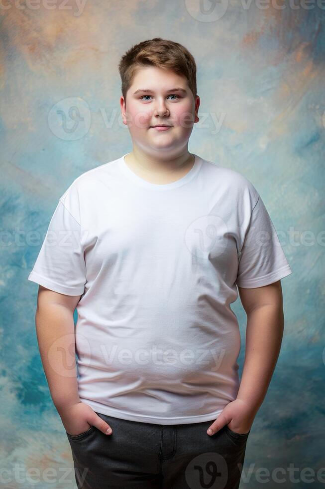 Australian Overweight Teen Boy, Chic, Balanced, Perfect For Fashion, Clothing, White T-Shirt Ideal For Design Mockups And Apparel Presentations for Multi-purpose, Photography, Creative Agency photo