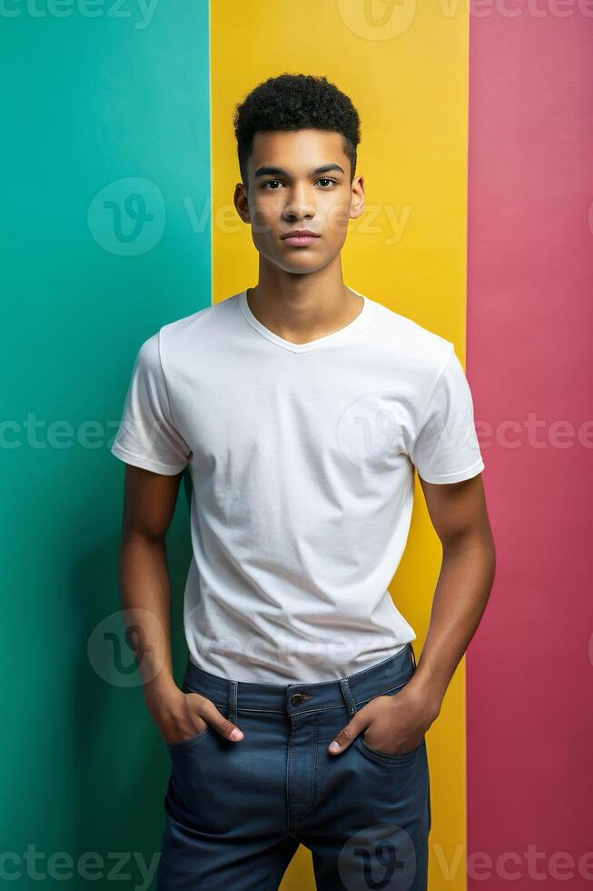 Brazilian Ectomorph Skinny College Boy, Innovative, Polished, White Oversized T-Shirt 3D Rendering, Mock Up T Shirt Concept for Corporate, Photography, Events photo