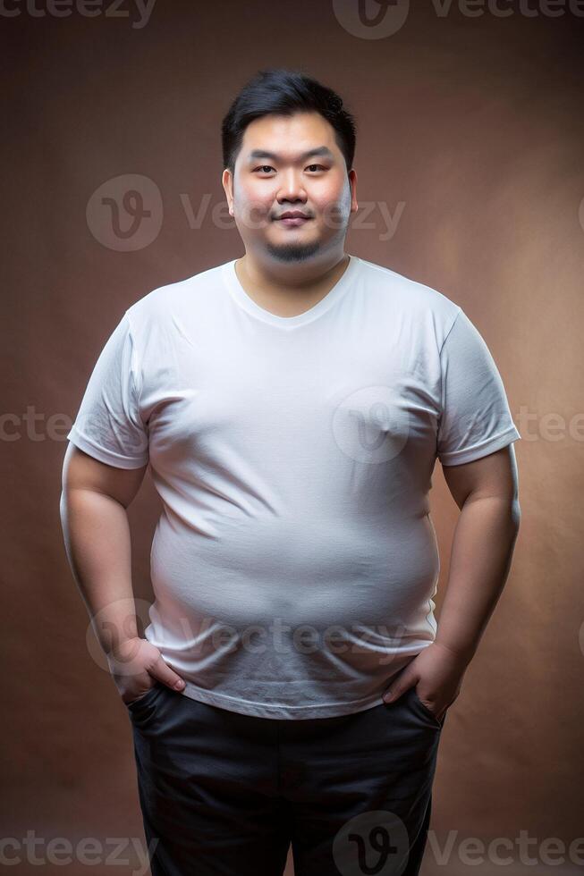 Malaysian Obese Gym Guy, Sophisticated, Futuristic, White Oversized T-Shirt 3D Rendering, Universal Clothing for Magazine, Wedding, Creative Agency photo