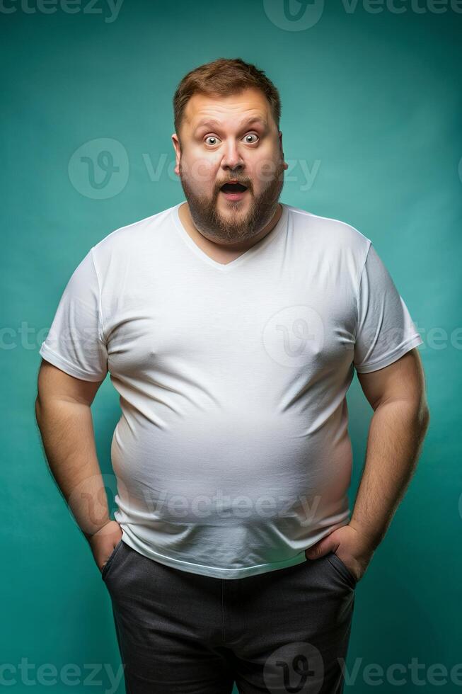 Russian Obese Middle-Aged, Contemporary, Simple, White Oversized T-Shirt With Blank Space, Universal Clothing for Retail, Restaurant, Technology photo