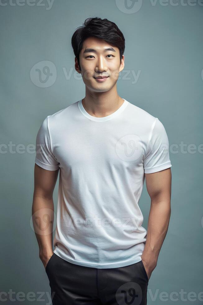 Korean Athletic Gym Guy, Stylish, Crisp, Half Sleeves, Ideal For A Mockup for Magazine, Travel, Technology photo