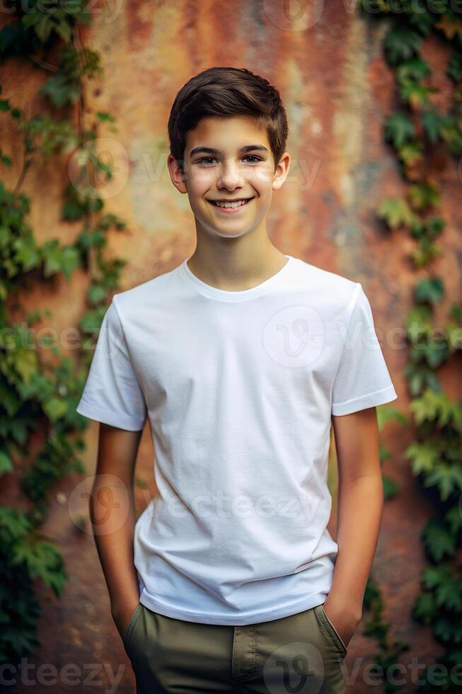 Spanish Athletic Teen Boy, Chic, Polished, Half Sleeves, White T-Shirt Ideal For Design Mockups And Apparel Presentations for Multi-purpose, Non-profit, Fashion photo