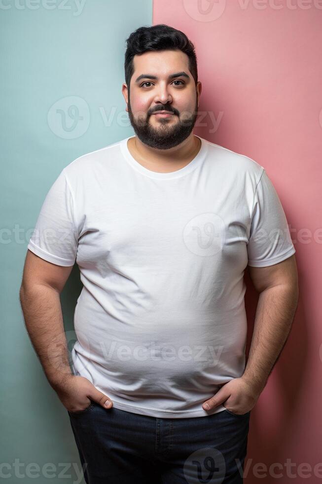 Spanish Overweight Gym Guy, Fresh, Harmonious, Half Sleeves, Mock Up T Shirt Concept for Magazine, Non-profit, Fashion photo