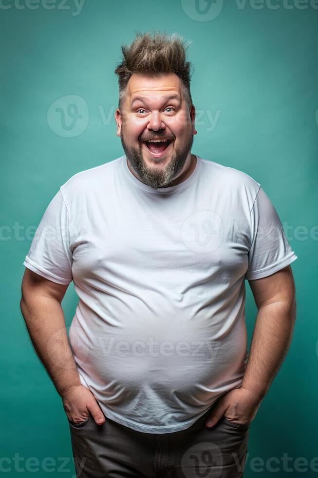 European Obese Middle-Aged, Fresh, Polished, Perfect For Fashion, Clothing, Mock Up T Shirt Concept for Retail, Marketplace, Music photo