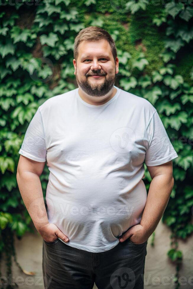 German Obese Middle-Aged, Contemporary, Crisp, White Oversized T-Shirt 3D Rendering, Universal Clothing for Retail, Wedding, Creative Agency photo