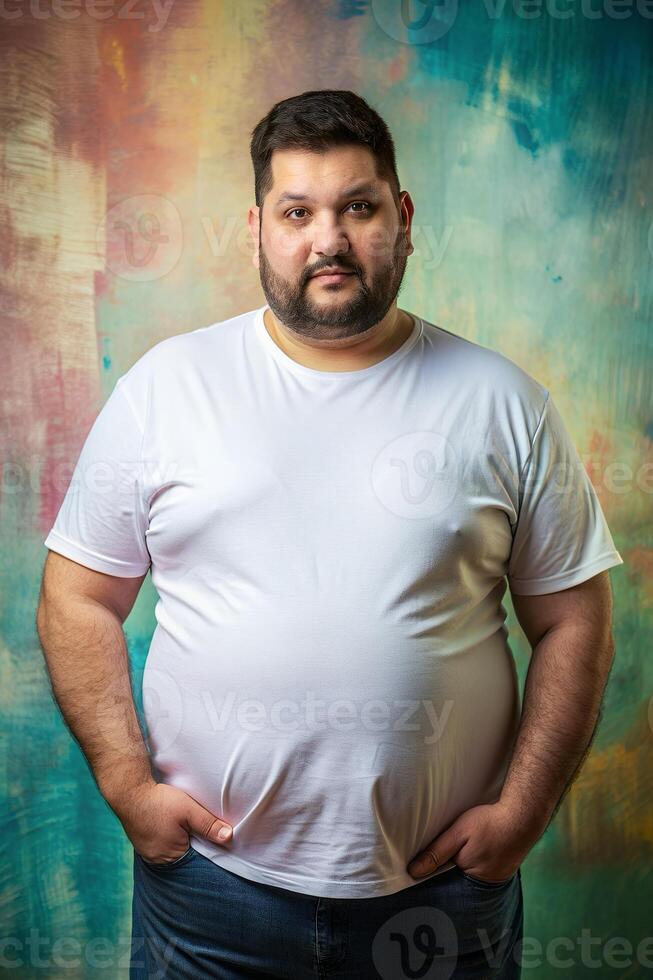 Argentine Obese Middle-Aged, Contemporary, Crisp, Unisex T Shirt Mockup, T Shirt White Model for E-commerce, Non-profit, Music photo