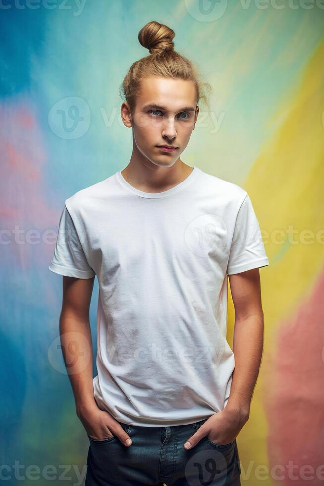 Swedish Lean Healthy Teen Boy, Sophisticated, Simple, White Oversized T-Shirt With Blank Space, White T-Shirt Ideal For Design Mockups And Apparel Presentations for E-commerce, Entertainment photo