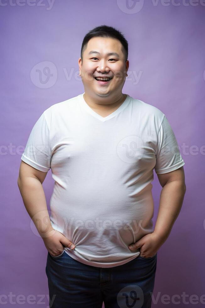 Chinese Obese Gym Guy, Fresh, Streamlined, White Oversized T-Shirt 3D Rendering, Mock Up T Shirt Concept for Business, Entertainment, Events photo