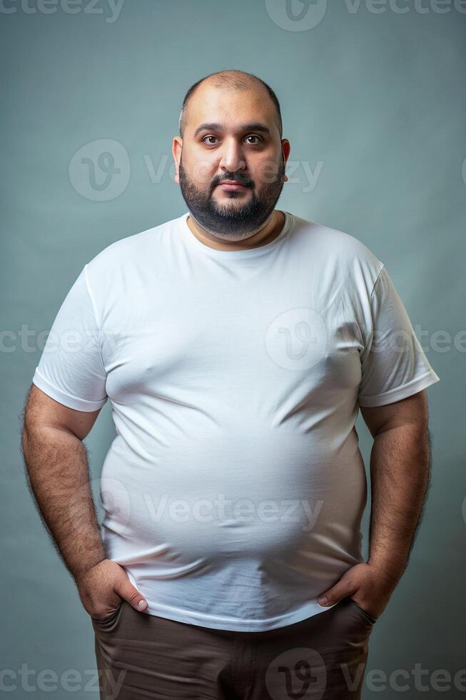 Egyptian Obese Middle-Aged, Fresh, Bold, Half Sleeves, T Shirt White Model for Portfolio, Non-profit, Events photo