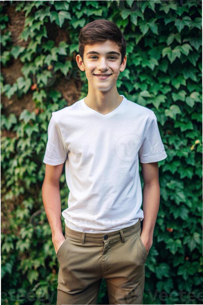 Spanish Ectomorph Skinny Teen Boy, Timeless, Balanced, Unisex T Shirt Mockup, Suitable For Design Mockups And Print Applications for Multi-purpose, Health and Fitness, Events photo