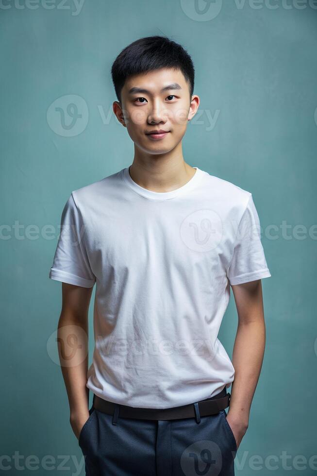Chinese Ectomorph Skinny College Boy, Refined, Simple, Half Sleeves, Suitable For Design Mockups And Print Applications for E-commerce, Marketplace, Events photo