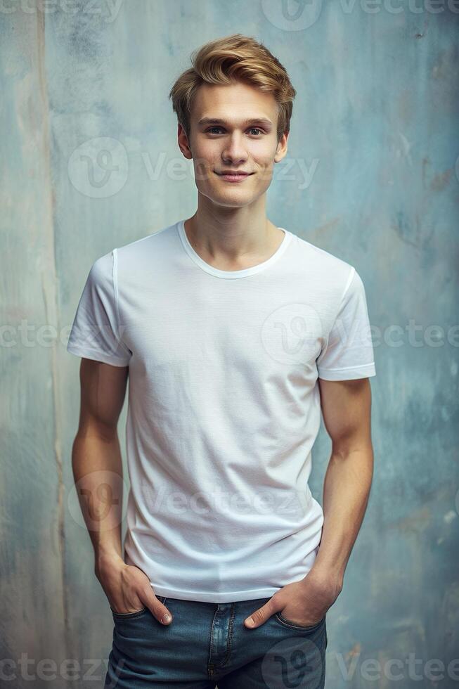 Swedish Underweight Adult, Stylish, Distinctive, White Oversized T-Shirt With Blank Space, Suitable For Design Mockups And Print Applications for Magazine, Personal, Music photo