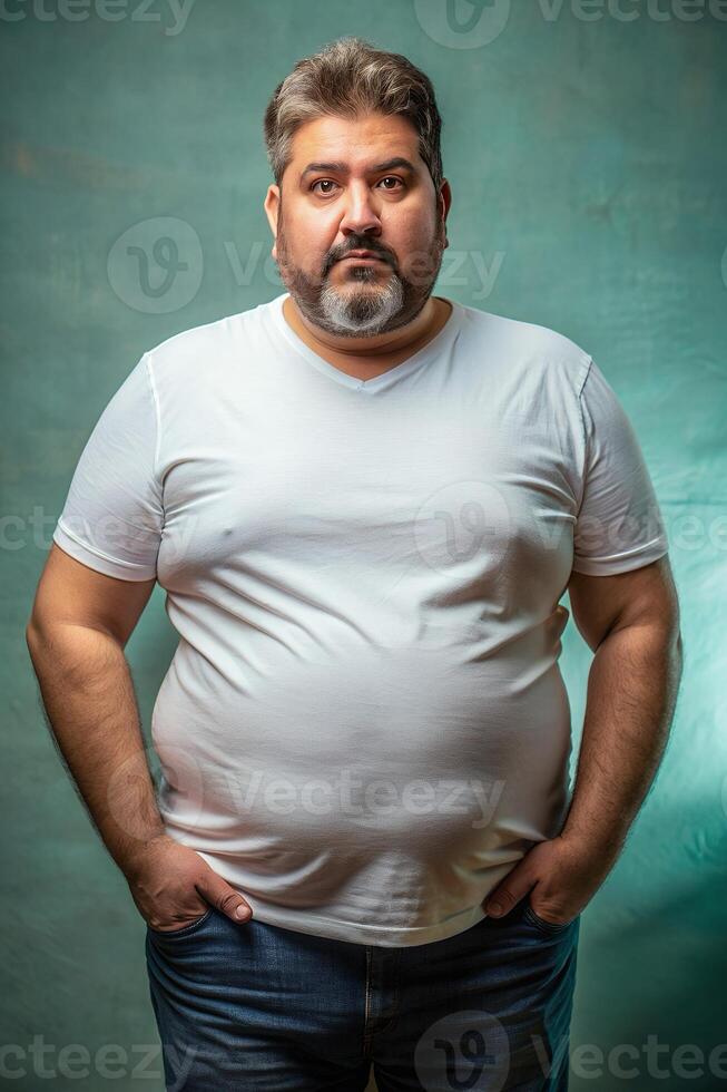 Argentine Obese Middle-Aged, Chic, Balanced, White Oversized T-Shirt 3D Rendering, Ideal For A Mockup for Educational, Restaurant, Fashion photo