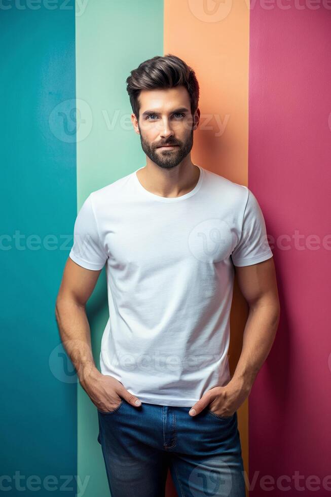 American Lean Healthy Working Professional, Chic, Futuristic, Mockup T Shirt Template, White T-Shirt Ideal For Design Mockups And Apparel Presentations for Portfolio, Community, Events photo