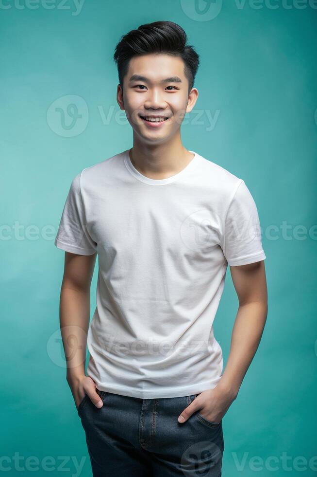 Vietnamese Underweight College Boy, Chic, Distinctive, Half Sleeves, T Shirt White Model for Educational, Non-profit, Events photo