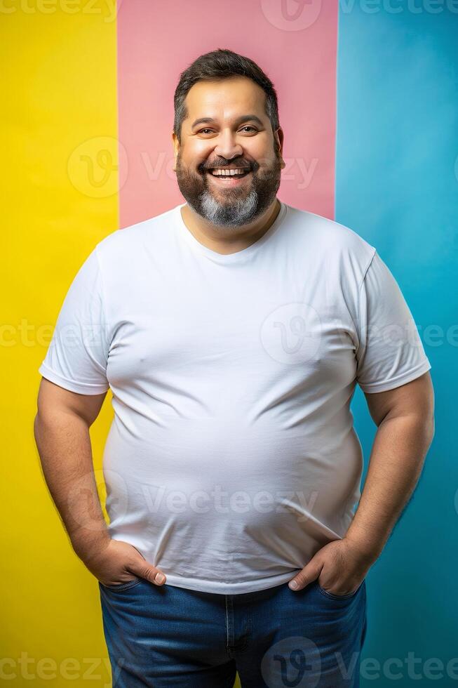 Brazilian Obese Middle-Aged, Chic, Distinctive, T-Shirt 3D Rendering, Suitable For Design Mockups And Print Applications for Retail, Health and Fitness, Music photo