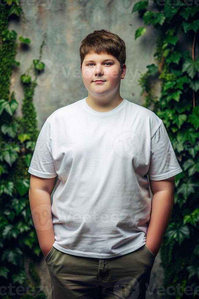 American Overweight Teen Boy, Stylish, Crisp, Realistic T Shirt Mockup, Suitable For Design Mockups And Print Applications for Retail, Restaurant, Music photo