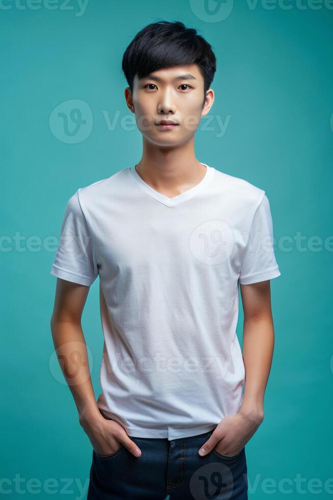 Chinese Ectomorph Skinny College Boy, Elegant, Distinctive, White Oversized T-Shirt With Blank Space, Ideal For A Mockup for E-commerce, Community, Creative Agency photo