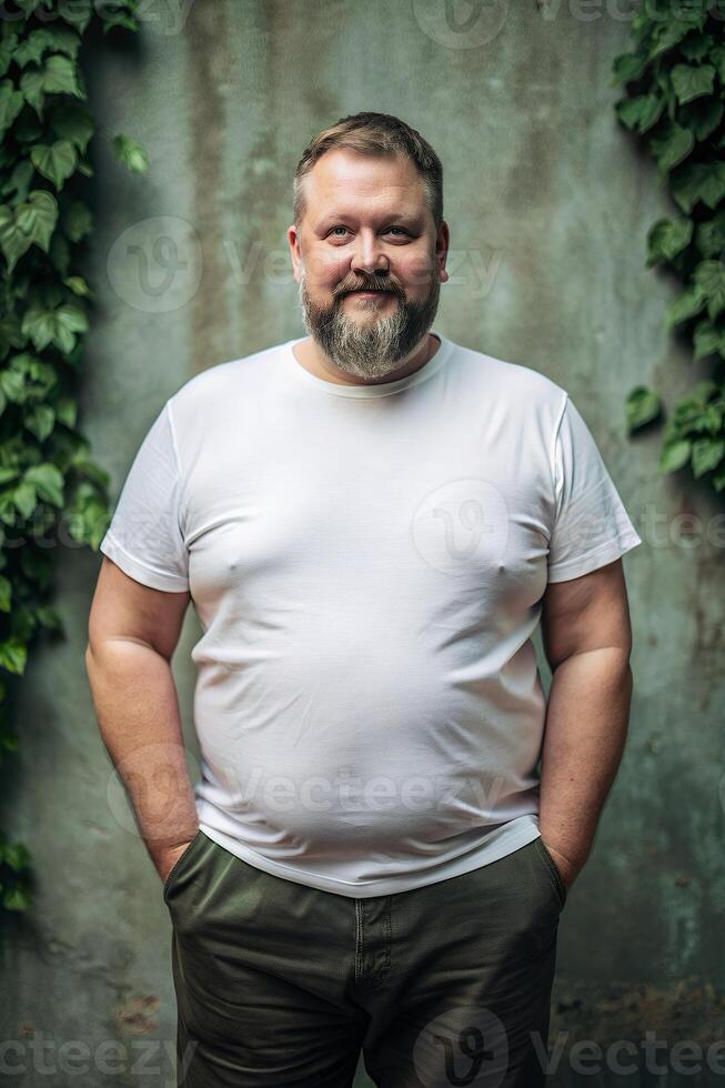 Swedish Overweight Middle-Aged, Innovative, Crisp, White Oversized T-Shirt 3D Rendering, Suitable For Design Mockups And Print Applications for Blog, Wedding, Music photo