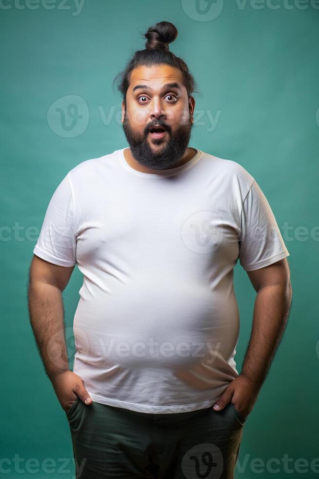Bangladeshi Overweight Middle-Aged, Innovative, Artistic, Unisex T Shirt Mockup, Universal Clothing for Magazine, Photography, Events photo