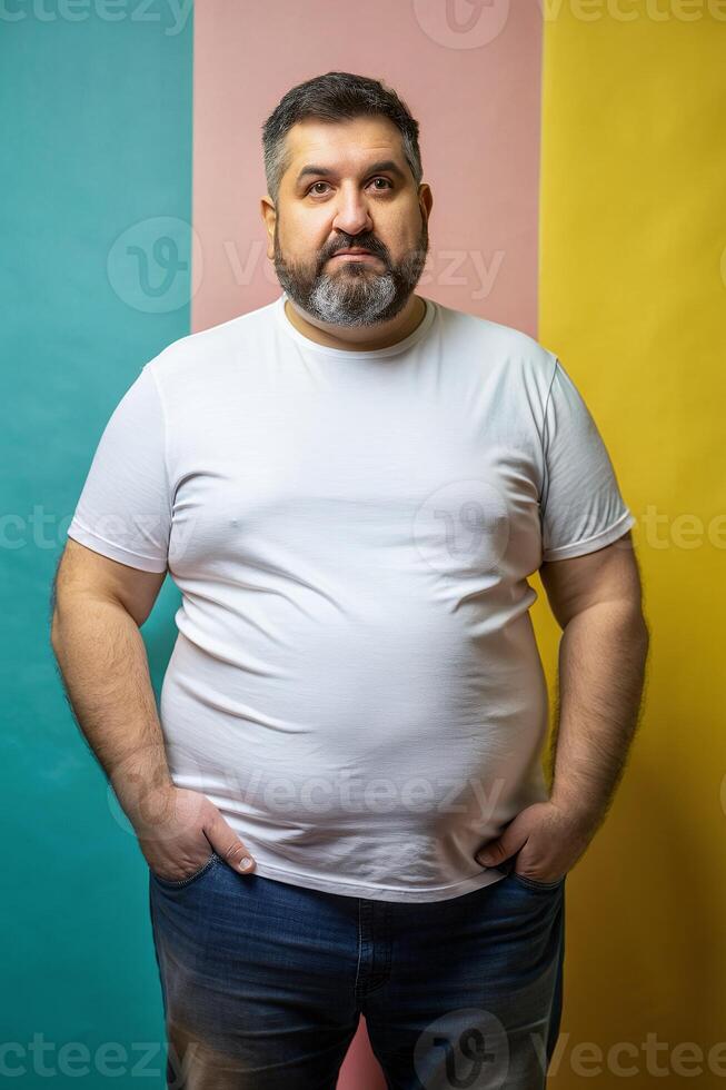 Greek Obese Middle-Aged, Refined, Streamlined, Mockup T Shirt Template, White T-Shirt Ideal For Design Mockups And Apparel Presentations for Corporate, Restaurant, Fashion photo