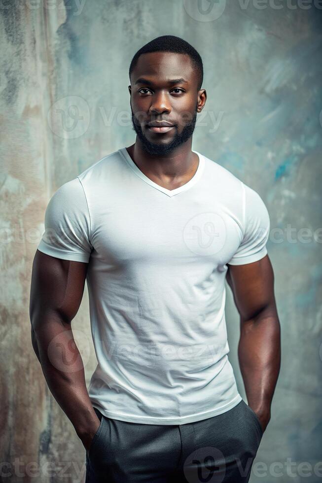 Nigerian Rectangular Gym Guy, Elegant, Distinctive, T-Shirt 3D Rendering, T Shirt White Model for Corporate, Community, Technology photo