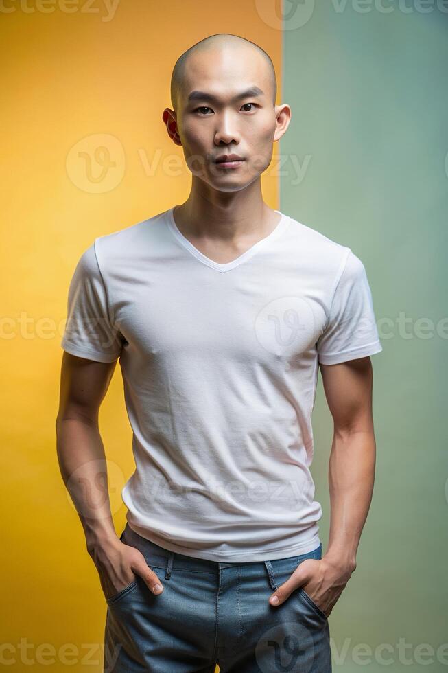 Vietnamese Ectomorph Skinny Gym Guy, Refined, Futuristic, Unisex T Shirt Mockup, Universal Clothing for Multi-purpose, Real Estate, Music photo