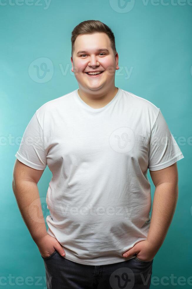 English Endomorph Fatty College Boy, Elegant, Bold, Realistic T Shirt Mockup, Mock Up T Shirt Concept for Retail, Real Estate, Technology photo