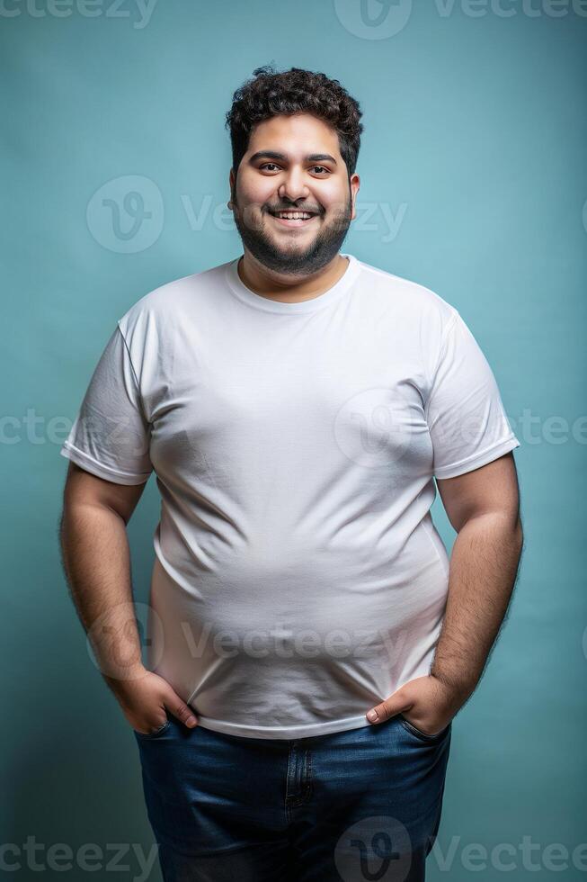 Egyptian Obese College Boy, Contemporary, Futuristic, Realistic T Shirt Mockup, White T-Shirt Ideal For Design Mockups And Apparel Presentations for Business, Travel, Events photo