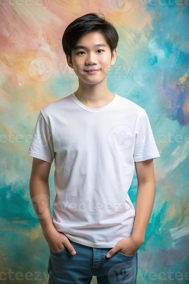 Vietnamese Rectangular Teen Boy, Innovative, Bold, White Oversized T-Shirt With Blank Space, White T-Shirt Ideal For Design Mockups And Apparel Presentations for E-commerce, Non-profit photo