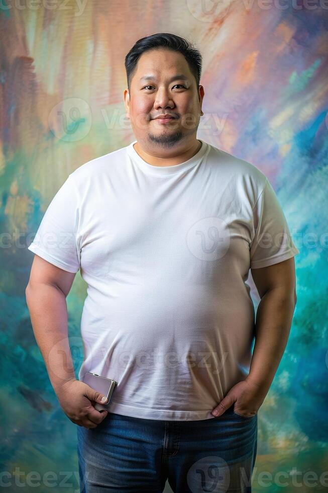 Filipino Obese Middle-Aged, Chic, Harmonious, Realistic T Shirt Mockup, T Shirt White Model for Multi-purpose, Wedding, Technology photo