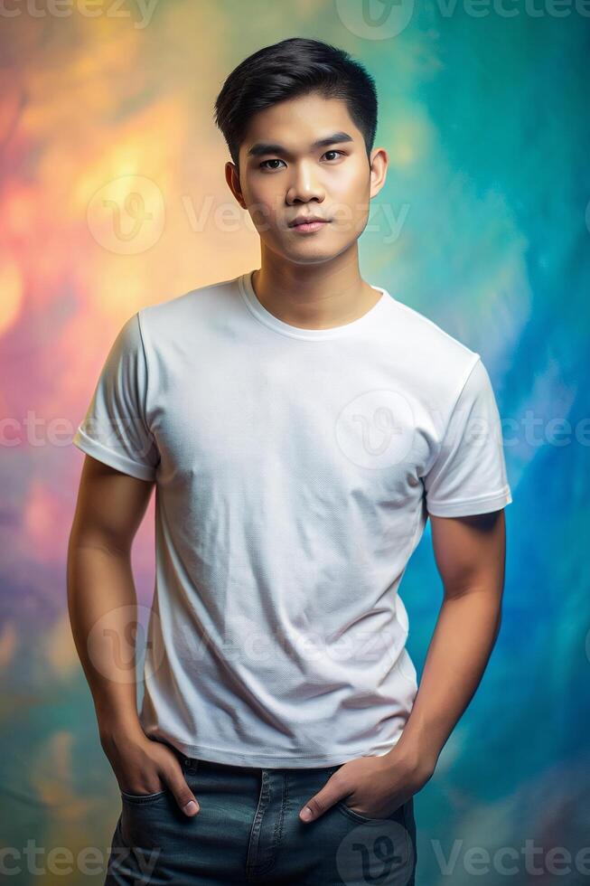 Filipino Ectomorph Skinny College Boy, Elegant, Simple, T-Shirt 3D Rendering, T Shirt White Model for Multi-purpose, Photography, Fashion photo