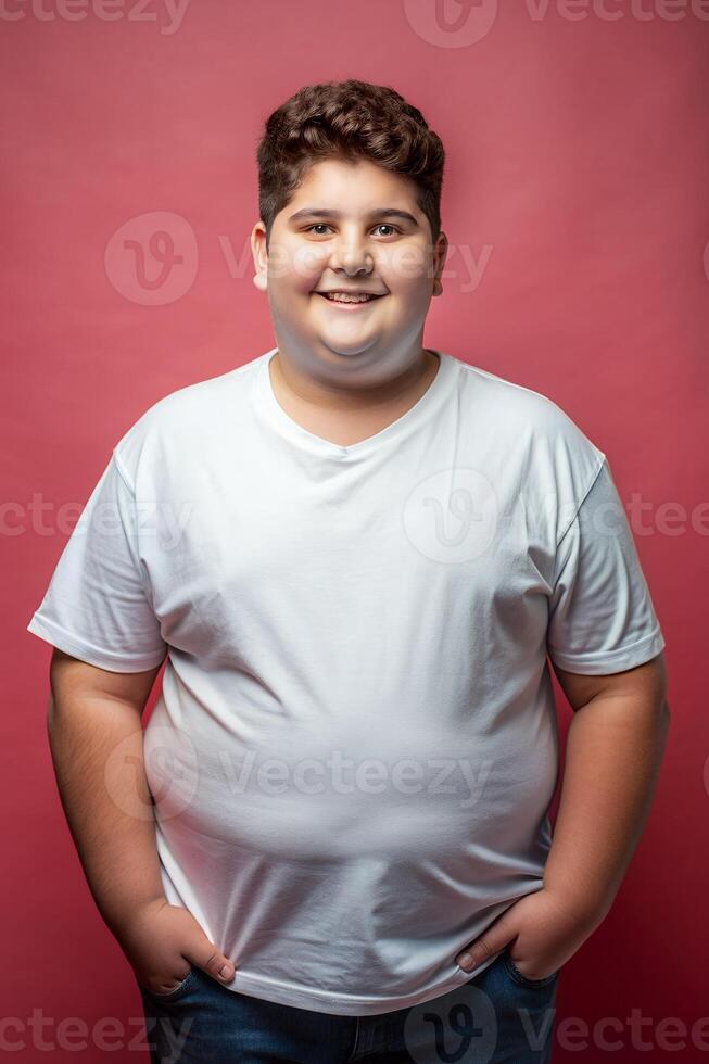 Italian Obese Teen Boy, Innovative, Futuristic, White Oversized T-Shirt With Blank Space, Suitable For Design Mockups And Print Applications for Magazine, Non-profit, Creative Agency photo