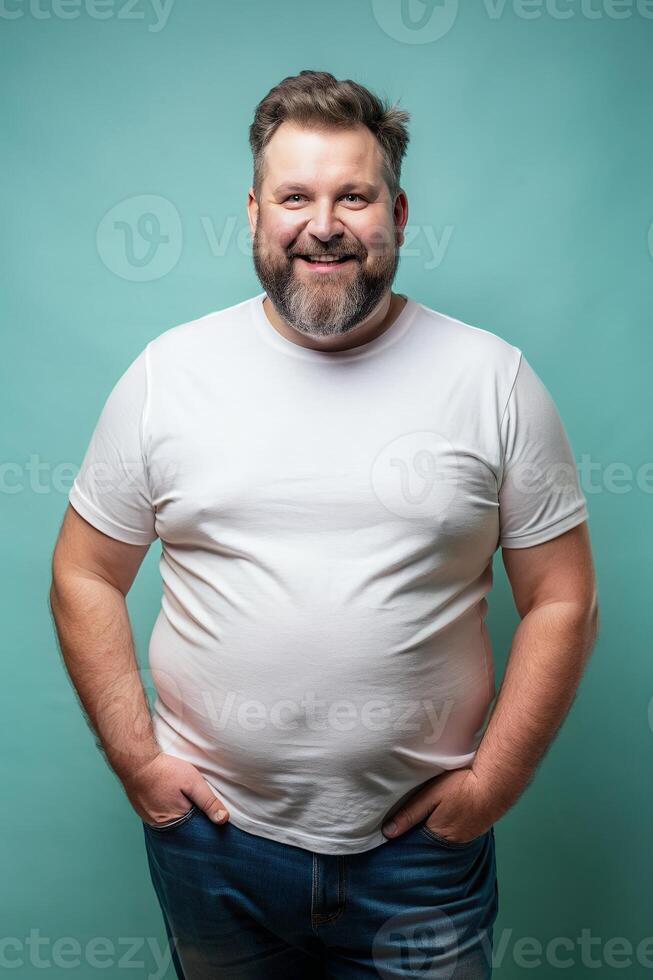 Australian Overweight Middle-Aged, Stylish, Crisp, T Shirt Mockup Model, Ideal For A Mockup for Business, Photography, Events photo