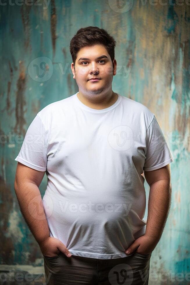 Brazilian Overweight College Boy, Elegant, Bold, Half Sleeves, White T-Shirt Ideal For Design Mockups And Apparel Presentations for Magazine, Community, Technology photo