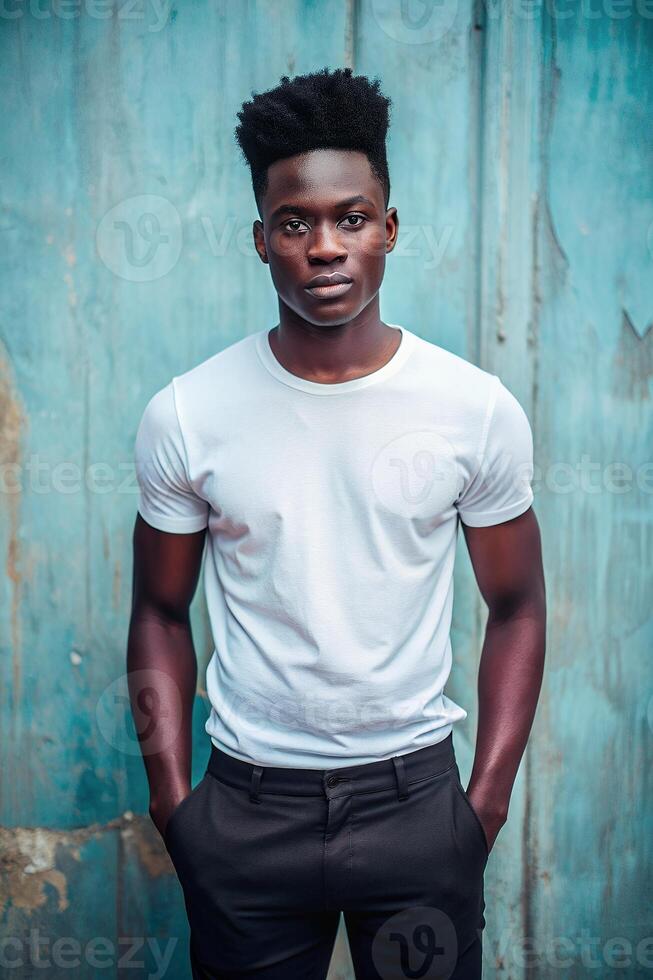 Nigerian Underweight College Boy, Timeless, Crisp, White Oversized T-Shirt With Blank Space, Suitable For Design Mockups And Print Applications for Corporate, Health and Fitness, Technology photo