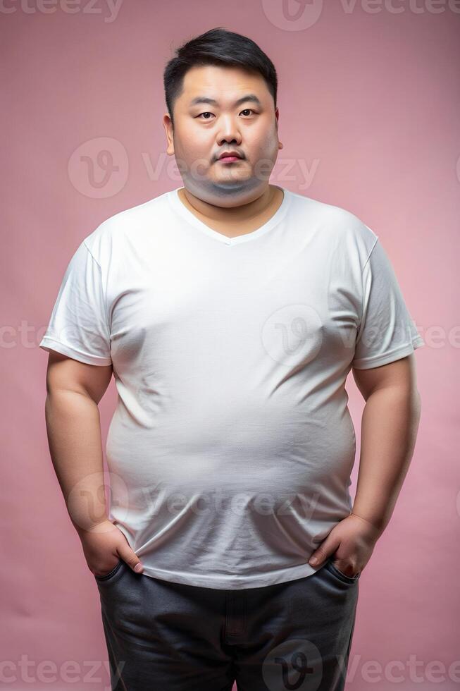 Chinese Overweight Adult, Contemporary, Streamlined, Realistic T Shirt Mockup, Suitable For Design Mockups And Print Applications for E-commerce, Personal, Events photo