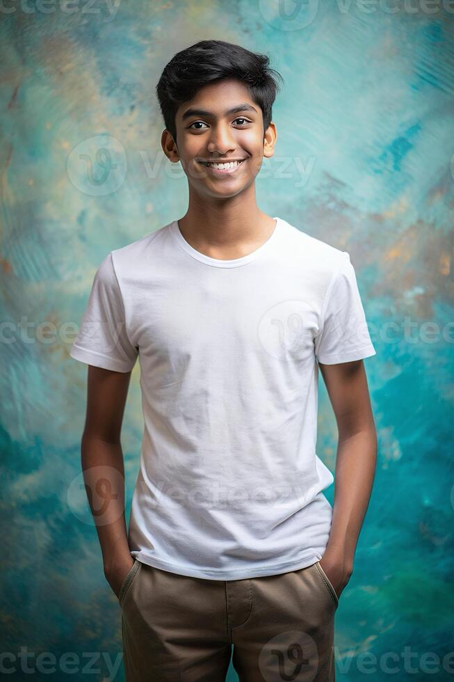Bangladeshi Underweight College Boy, Innovative, Crisp, Realistic T Shirt Mockup, Suitable For Design Mockups And Print Applications for Multi-purpose, Personal, Events photo