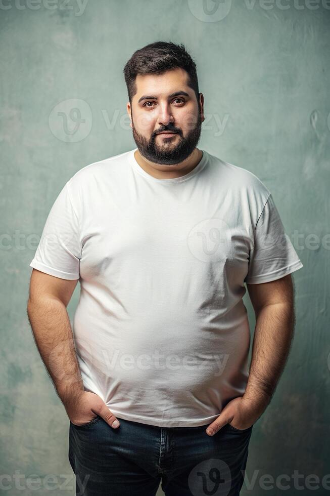 Italian Overweight Gym Guy, Elegant, Crisp, White Oversized T-Shirt With Blank Space, White T-Shirt Ideal For Design Mockups And Apparel Presentations for News, Travel, Fashion photo