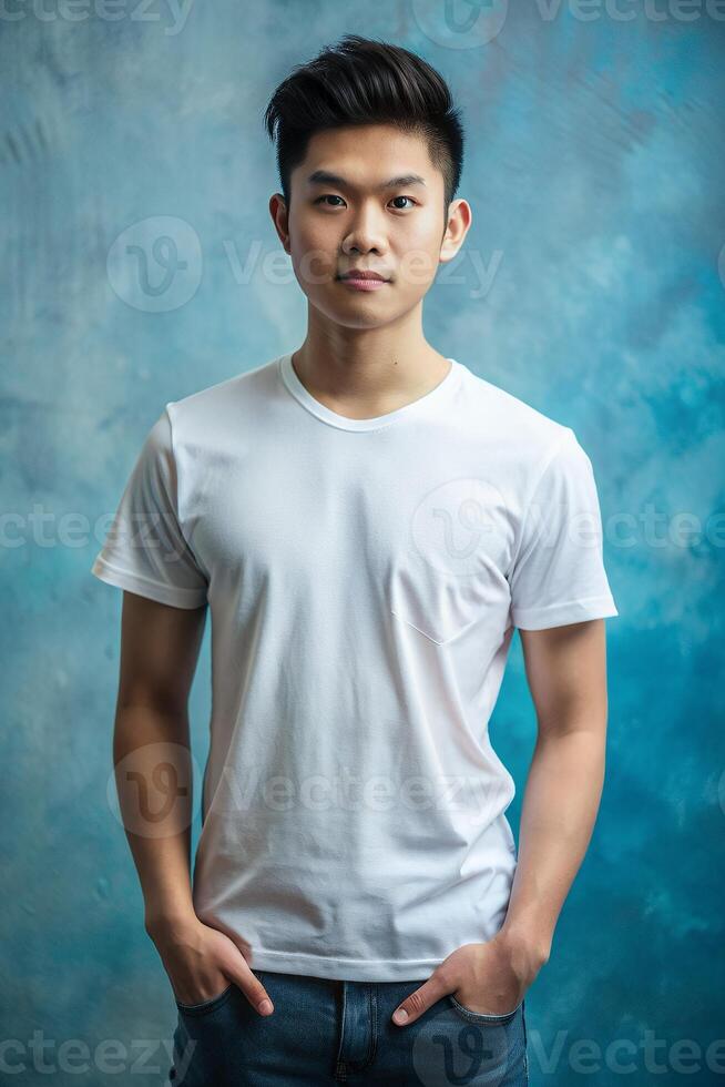 Malaysian Ectomorph Skinny College Boy, Timeless, Distinctive, Half Sleeves, Suitable For Design Mockups And Print Applications for E-commerce, Wedding, Events photo