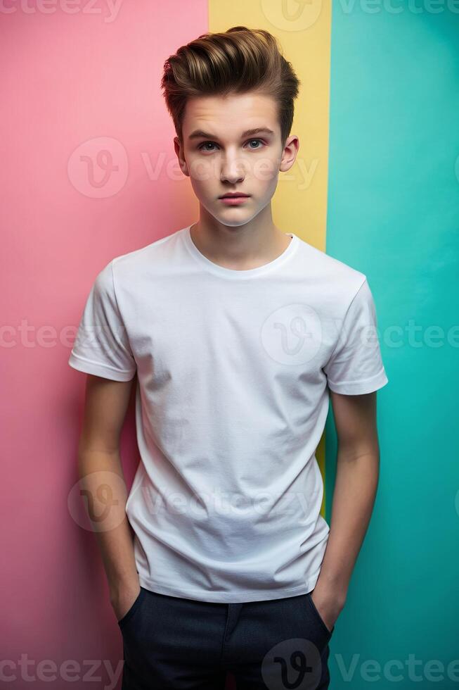 Australian Rectangular Teen Boy, Timeless, Streamlined, White Oversized T-Shirt 3D Rendering, Suitable For Design Mockups And Print Applications for Blog, Community, Fashion photo