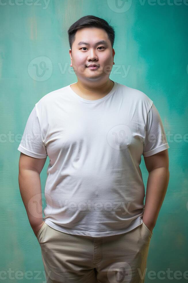 Vietnamese Overweight Adult, Innovative, Crisp, White Oversized T-Shirt 3D Rendering, Mock Up T Shirt Concept for Blog, Wedding, Technology photo