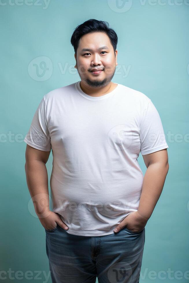 Indonesian Overweight Adult, Fresh, Streamlined, Realistic T Shirt Mockup, Suitable For Design Mockups And Print Applications for Retail, Real Estate, Music photo