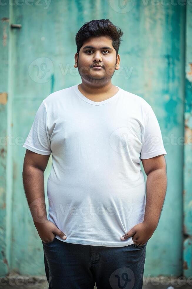 Bangladeshi Overweight College Boy, Sleek, Polished, White Oversized T-Shirt 3D Rendering, White T-Shirt Ideal For Design Mockups And Apparel Presentations for Retail, Personal, Music photo