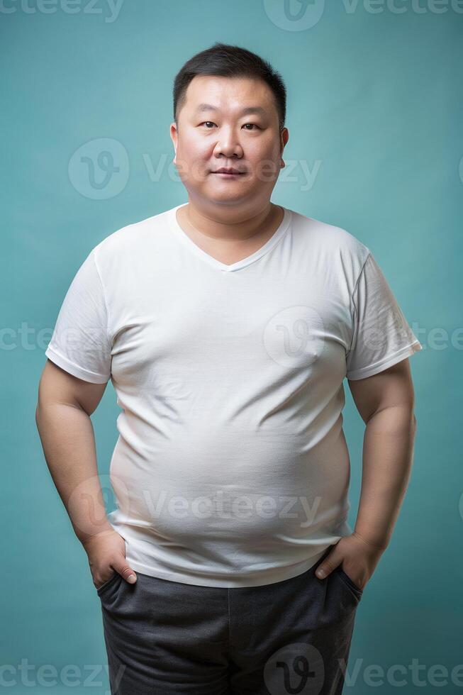 Chinese Overweight Middle-Aged, Sleek, Streamlined, T Shirt Mockup Model, Universal Clothing for Portfolio, Non-profit, Music photo